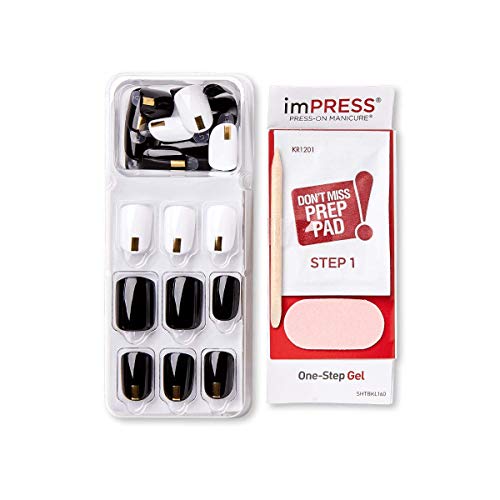 imPRESS Design, Press On Nails, Midnight Drive, Black and White, Short, Size, Squoval, Shape, Includes 30 Nails, Prep Pad, Instructions Sheet, 1 Manicure Stick, 1 Mini File