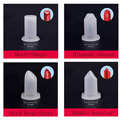 Kalolary 4 Holes Simple Design DIY Makeup Cosmetics Lipstick Mould Silicone Mold Making Tool Set with Lipstick demoulder(Bird Beak-Shape + Heart-Shape + Diamond-Shaped + Double-Beveled)
