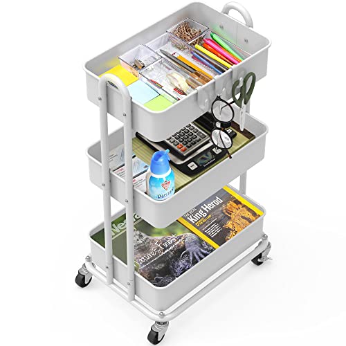 Simple Houseware Heavy Duty 3-Tier Metal Utility Rolling Cart, White