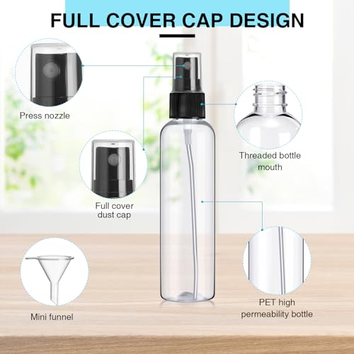 Layhit 100 Pcs 4 oz Small Spray Bottles Bulk, 120ml Clear Plastic Spray with 5 Pcs Small Funnels Mini Empty Fine Mist Bottles for Essential Oils Travel Perfumes