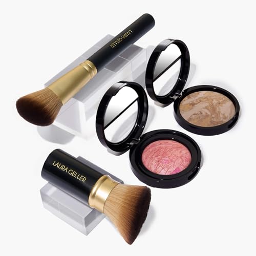 LAURA GELLER NEW YORK Fast Face Set: Baked Balance-n-Brighten Powder Foundation, Medium + Baked Blush-n-Brighten, Pink Buttercream + Airbrush Kabuki + Angled Blush Brush