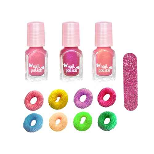 M&U MAKE YOU UP Butterfly Jewelry Case Nail & Hair Set - 3 Quick-Dry Polishes + 5 Fuzzy Elastics | Portable Beaded Clutch for Teens, FashionGift with Floral Charm Party Favors