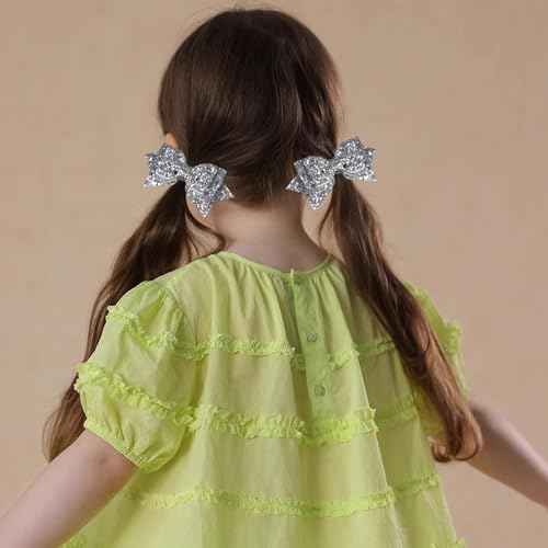 Glitter Christmas Sliver Hair Bows 4inch Shiny Sequins Bowknot Alligator Clips Barrettes Pins for Toddler Teens Baby Girls Kids Birthday New Year Wedding Xmas Party Accessories Gift