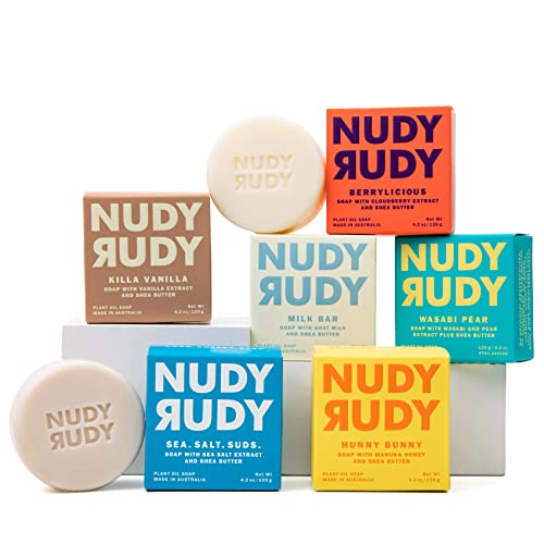 Nudy Rudy, Variety Pack of 6 Shea Butter Soap Bars | Made in Australia | Gift Set for Men & Women | Natural Ingredients | No Harsh Chemicals | Life Pro Tip Bundle | 4.2 oz Each