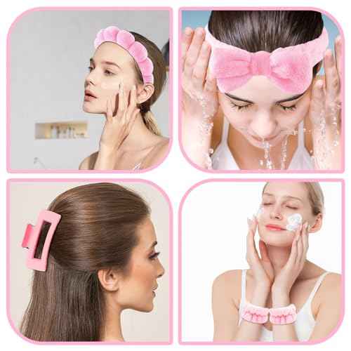 Zkptops 5Pcs Spa Headband for Washing Face Wristband Set Sponge Makeup Skincare Terry Cloth Bubble Soft Hairband Claw Clips for Thick Hair Puffy Padded Headwear Non Slip Hairs Accessory (Pink)