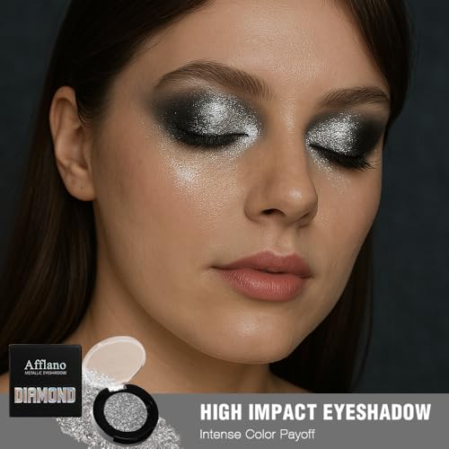 Afflano Silver Glitter Eyeshadow Super Pigmented, Intense Color Gray Silver Eyeshadow Palette Single, Long Lasting Sparkle Shimmer Metallic Glitter Eyes Look, Blendable Neutral Grey Eye Shadow Makeup