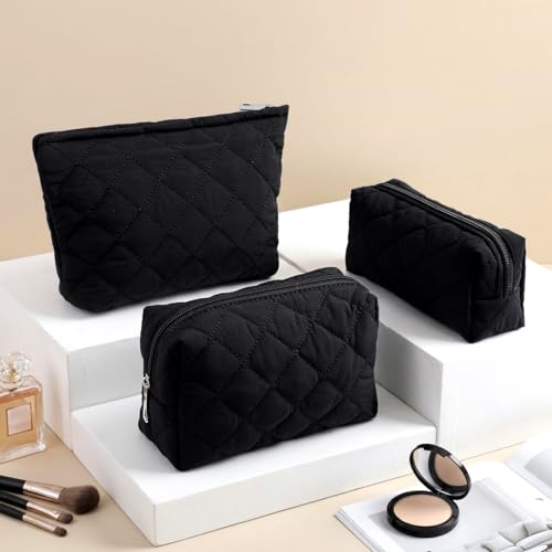 Sadnyy 3 Pcs Valentine Gift Puffy Makeup Bag Quilted Cosmetic Pouch for Women Cute Puffer Makeup Organizer Toiletry Pouch Cosmetic Bag Bridesmaids Gift Preppy Pencil Case with Zipper(Black)