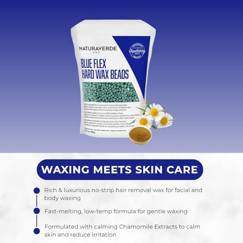 NaturaverdePro Blue Flex Hard Wax Beads, Body and Facial Hair Removal, Brazilian Bikini Wax for Women with Calming Chamomile - 2.2 lbs