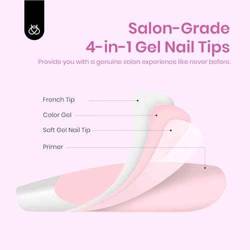Beetles French Tips Press On Nails: 224 Pcs Pink French Tip Nails Short Almond Fake Nail Tips, Soft Gel Nail False Nails No Need to File DIY Art Design Gifts for Women