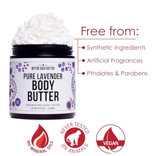 Lavender Body Butter with Shea Butter, Jojoba Oil & Lavender Essential Oil - Natural Lotion for Women, Non-Greasy Moisturizer for Dry Skin, Whipped Body Cream with Lavender Oil for Skin