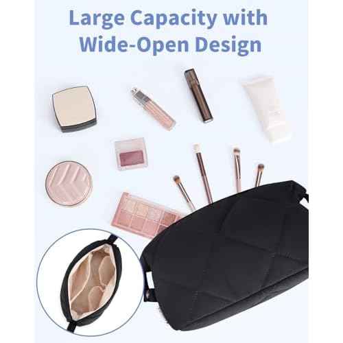 Ceneda Puffy Padded Makeup Bag Travel Toiletry Bag Quilted Makeup Pouch Organizer Bag Cosmetic Bag for Women (Black)