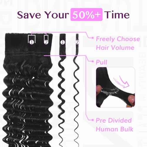 IDN BEAUTY Pre Divided Human Braiding for Boho Braids Hair Extensions, 16 Inch 100g Natrual Black Deep Wave Human Hair for Braiding Bohemian No Weft 12A Virgin Brazilian Wet and Wavy