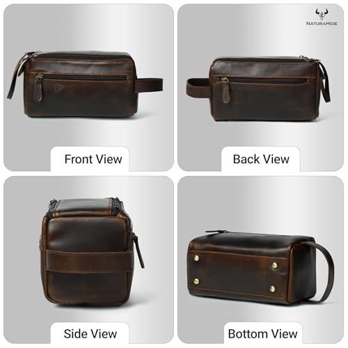 Leather Toiletry Bag for Men ? Handmade Travel Kit, Small Leather Shaving & Toiletry Organizer, Durable Waxed Canvas Lining (Dark Brown)