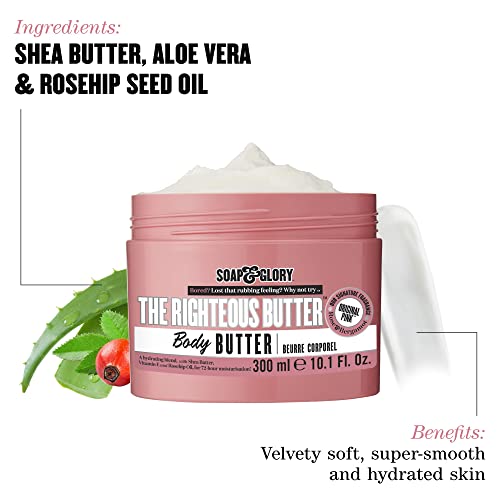 Soap & Glory The Righteous Butter Moisturizing Body Butter - Skin Hydration Body Moisturizer with Vitamin E, Rosehip Seed Oil & Shea Butter - Rich Body Cream for Soft & Smooth Skin (300ml)