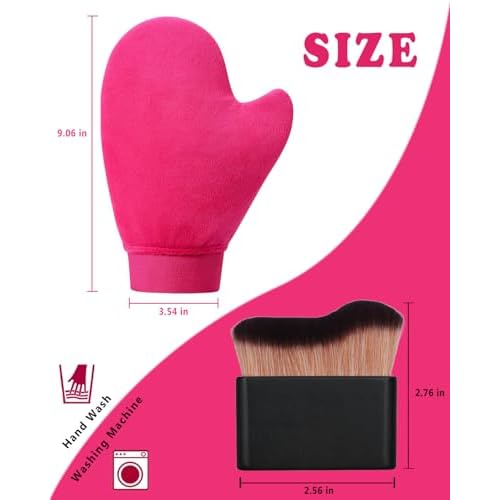2 in 1 Professional Self Tanning Mitt Kit - Luxury Self Tanner Mitt, Self Tan Mitt And Brush Tanning Glove Kabuki Body Brush For Streak-Free Lotion, Sunless Spray Tan On Face And Body Rose Pink