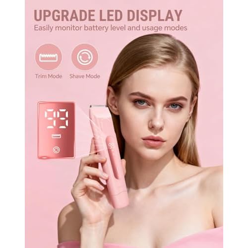 2026 Upgrade Bikini Trimmer for Women, 2 in 1 Electric Shaver with LED Display, IPX7 Waterproof Pubic Hair Trimmer, Rechageable Womens Electric Razor for Armpit Leg Body Facial (Pink)