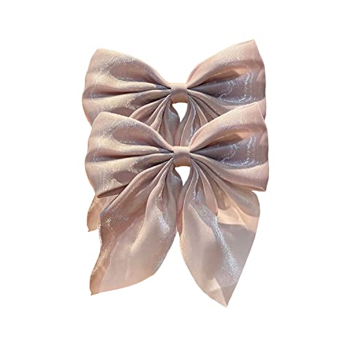 2PCS Large Bow Hair Clips for Women Girls Pearlescent Satin Hairpins Bow Ribbon Barrettes Duckbill Hair Accessories Beige