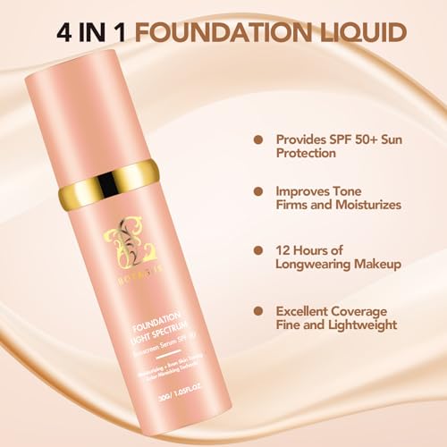 Match Cosmetics Foundation 4 in 1-Light Spectrum,4 in 1 Cosmetics Foundation Liquid with SPF 50+, Concealer Cosmetic Lightweight Makeup, Longwearing & Waterproof for Makeup