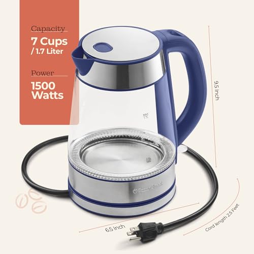 Speed-Boil Water Electric Kettle, 1.7L 1500W, Coffee & Tea Kettle Borosilicate Glass, Wide Opening, Auto Shut-Off, Cool Touch Handle, LED Light. 360° Rotation, Boil Dry Protection