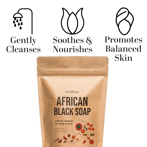 Raw African Black Soap Bar, 4 Pack (16 oz Total) - 100% Pure & Authentic Black African Soap from Ghana | With Shea Butter for Face & Body | Unscented Bar Soap for Men and Women