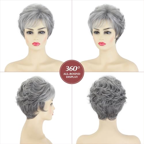 Short Gray Pixie Cut Wig with Bangs for Women