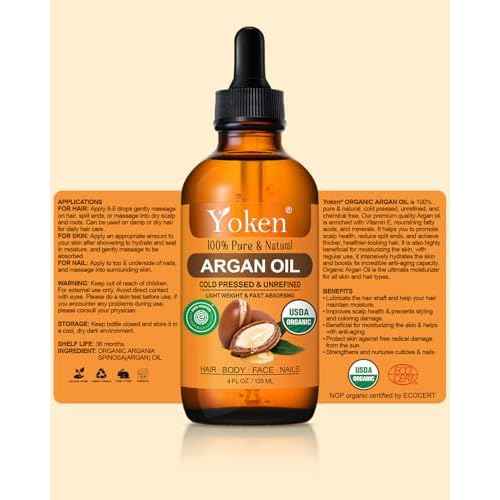 Organic Argan Oil for Hair 4 Fl Oz, USDA Pure and Natural Morocco Argan Oil, Argon Oil For Hair, Scalp, Face & Skin Care, 100% Cold Pressed Hair Conditioner, Unrefined Argon Nails Carrier Oil