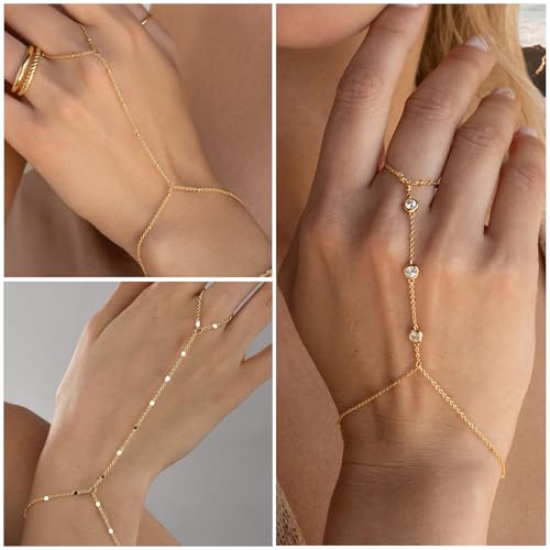 3Pcs 14K Gold-Plated Hand Chain Bracelets for Women