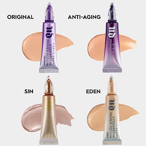 Urban Decay Eyeshadow Primer & Liquid Glitter Eyeshadow Bundle - Eyeshadow Primer Potion (0.33 Fl Oz) for Crease-free Eye Makeup - 24/7 Glaze-On Eyeshadow (Silver Spooning) for Buildable Shimmer