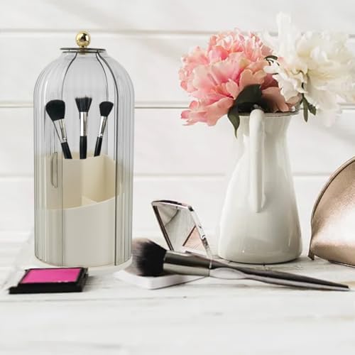 Makeup Brush Holder with Lid, 360 Rotating Sliding Opening Cosmetic Tools Organizer, Waterproof Dustproof Makeup Brush Organizer for Vanity Desktop Bathroom Countertop(COLOR:White And Clear)