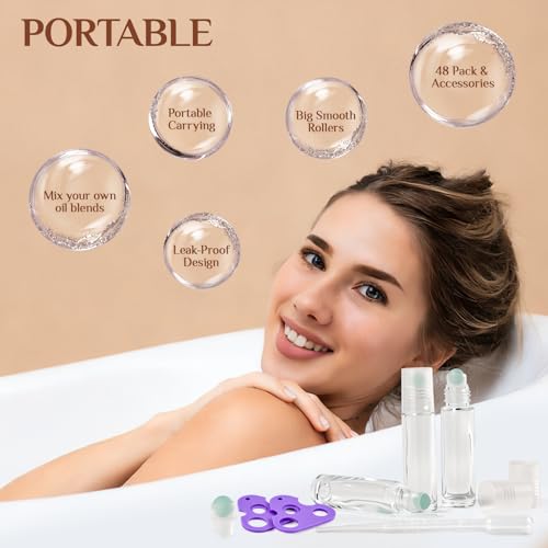 Essential Oil Roller Bottles, 48 Pack Hoa Kinh 10ml Empty Glass Clear Roller Bottles with Balls - Refillable Perfume Containers for Travel & DIY