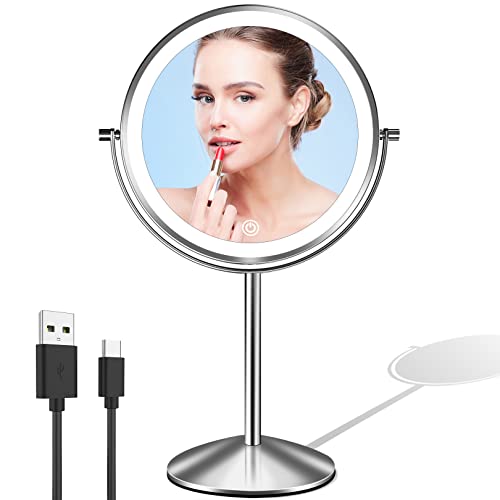 LOVESPEJO Lighted Makeup Mirror with Magnification, 8" Rechargeable Magnifying Mirror with Light, 1x/10x 360°Rotation Touchscreen Make up Mirror, 3 Colors Brightness Adjustable Vanity Mirror, Chrome