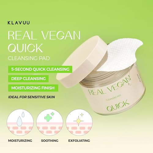 REAL VEGAN QUICK CLEANSING PAD ? Gentle Makeup Remover, Deep Pore Cleansing, Soothing & Moisturizing Formula, Hypoallergenic, Ideal for Sensitive Skin ? 50counts