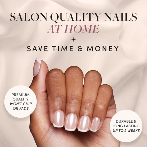 Glamnetic Press On Nails & Brush On Nail Glue Bundle - La Perle | Squoval White Nails with French Tips | 15 Sizes - 30 Nail Kit with Glue | Reusable, Salon-Quality Fake Nails