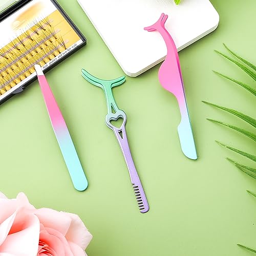 3pcs Lash Tweezers Set, Gradient Color Eyelash Applicator Tool for False Lashes, Stainless Steel