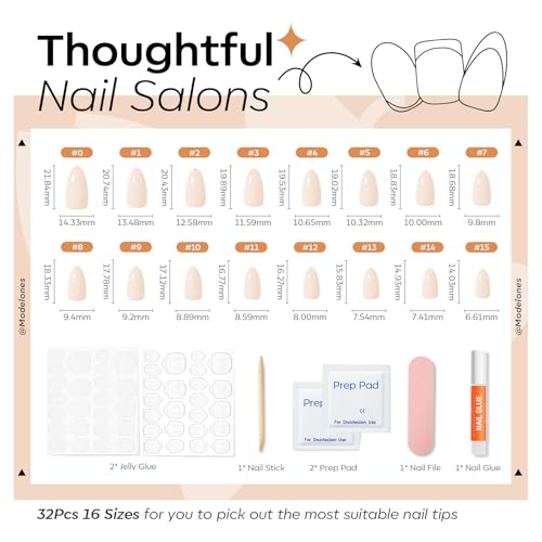Modelones A5-Nude Short Almond Press-On Nails 32Pcs with Glue & Tools
