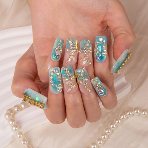 LOVFUL Press on Nails Pisces Blue French Tip| Handmade with Full Covered Crystals | Reusable Fake Nails | Square Regular 1.0 in | H157L