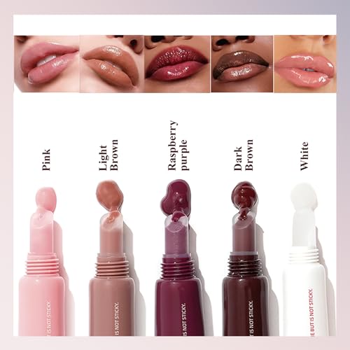 5 Pcs Hydrating Lip Gloss Lip Jam Set, High Shine Glass Finish Nude Colors Moisturizing Glitter Plumping Lip Gloss Shiny Jelly Liquid Lipstick for Girls and Women