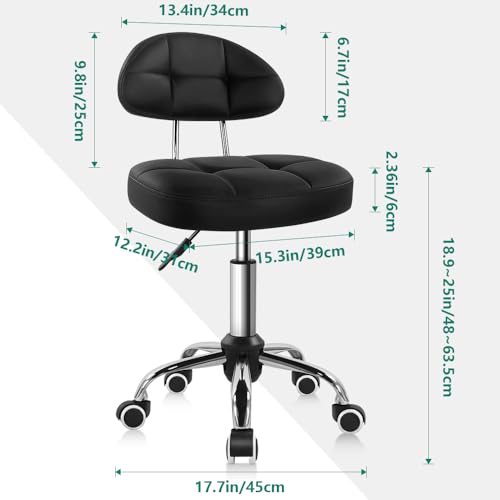 Height-Adjustable Rolling Stool with Back Support – 19.3–25.4"