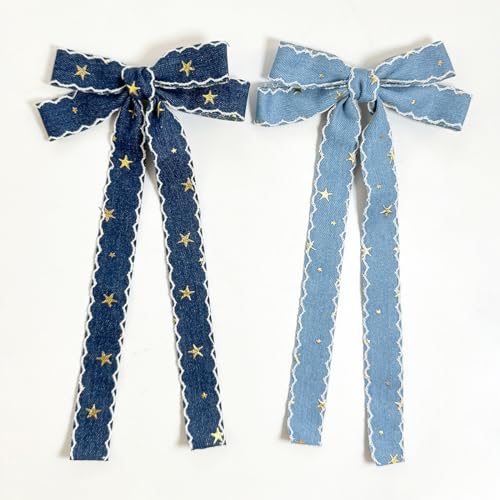 Blue Denim Hair Clip Pin Bow Girls Blue Jeans HairClip Girls Large Bows HairPin BW01 (Set J)