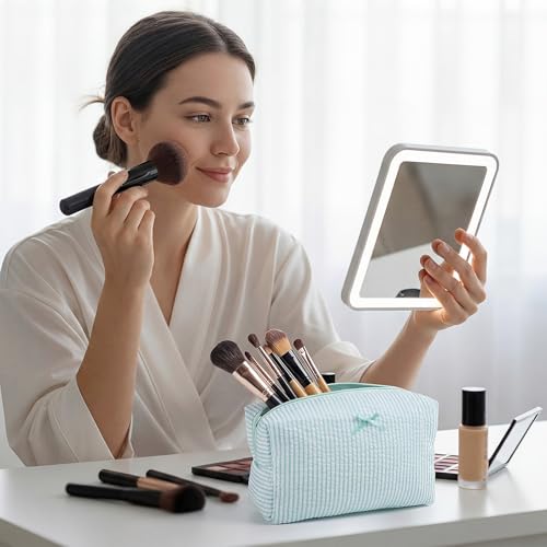 Sanwuta 8 Pcs Striped Seersucker Makeup Bag Set - Travel Pouches