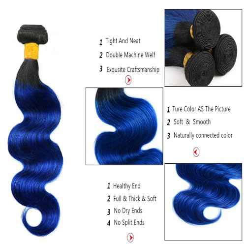 Human Hair Bundles T1B/Blue Color Body Wave Bundles Unprocessed Brazilian Virgin Human Hair 10 12 14 Inch 3 Bundles Quick Weave Human Hair Extensions (T1B/Blue Body Wave, 10 12 14)