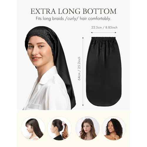 LilySilk Extra Long Silk Bonnet Sleep Cap for Women Soft Adjustable Hair Bonnet for Braids,Curly,Long Hair- Soft Elastic Band, Black