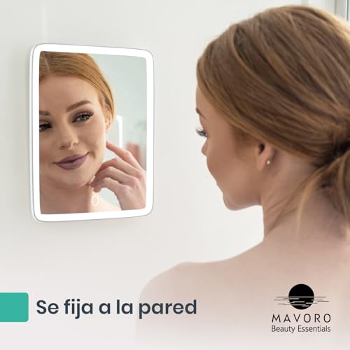 Mavoro 7x9 LED Lighted Rechargeable Travel Mirror | Small Wall Adhesive Mirror | Peel and Stick Wall Mount Lighted Travel Mirror | Real Glass Touch Sensor Vanity Mirror with Stand