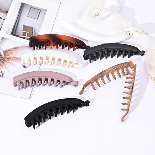 Eyegla 6 Pack Large Banana Hair Clips for Thin to Thick Hair - Black, White, Grey, Tortoise Shell