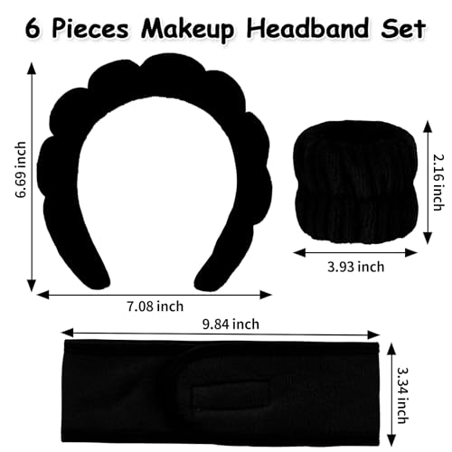 Ondder 6 Pcs Black Spa Headband and Wristband Set Makeup Spa Headband for Washing Face Bubble Headband Skin Care Headbands Face Wash Sponge Puffy Headband Head Bands Headbands for Women Girls