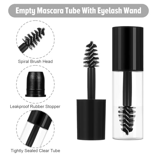 27Pcs Empty Mascara Tubes with Wand, 3ml Mini Empty Mascara Bottles with Brush Rubber Inserts Sample Size Travel Containers Eyelash Growth Packing with Leak-Proof Rubber Plugs Black
