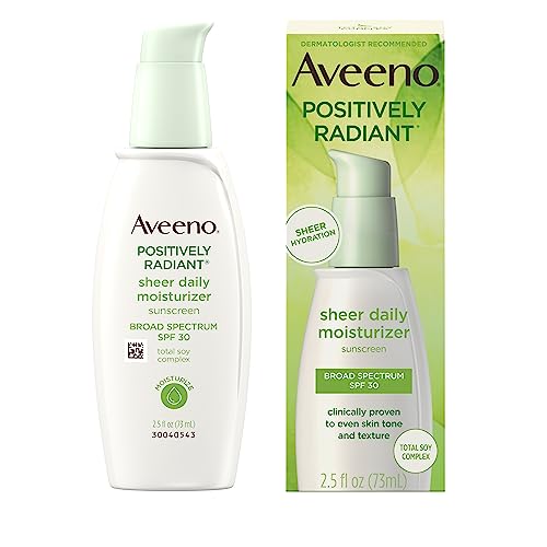 Aveeno Positively Radiant Sheer Daily Moisturizing Lotion for Dry Skin with Total Soy Complex and SPF 30 Sunscreen, Oil-Free and Non-Comedogenic, 2.5 fl. oz