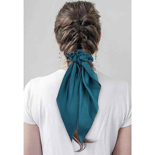 Cinaci 12 Pieces Solid Silky Satin Chiffon Hair Ties with Long Ribbon Bow Tail Hair Scrunchies Ponytail Holders Rubber Bands Accessories for Women Girls Teens