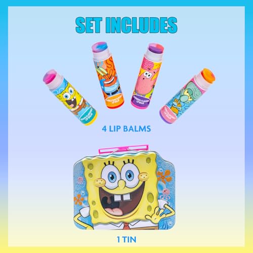 Spongebob Squarepants 4PK Plant-Based, Fruity Scented Lip Balm, & 1 Tin, Colorful Hydrating Mosturizor Swirl Lip Balm Set for Kids, by Townley Girl