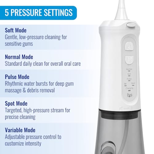 HealthSmart Cordless Water Flosser for Teeth & Braces - 5 Modes, 360° Nozzle, 310ml Tank, Rechargeable, Waterproof, Includes 4 Tips